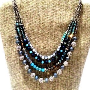 Multi Strand Beaded Necklace in Blues and Silver
